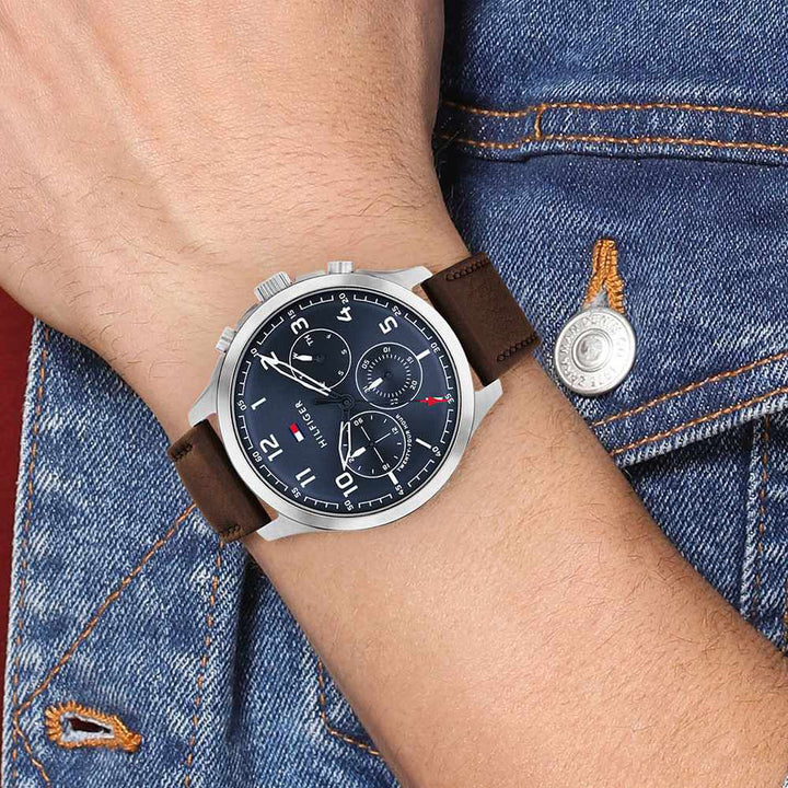Tommy Hilfiger Quartz Multifunction Blue Dial Leather Strap Watch For Men