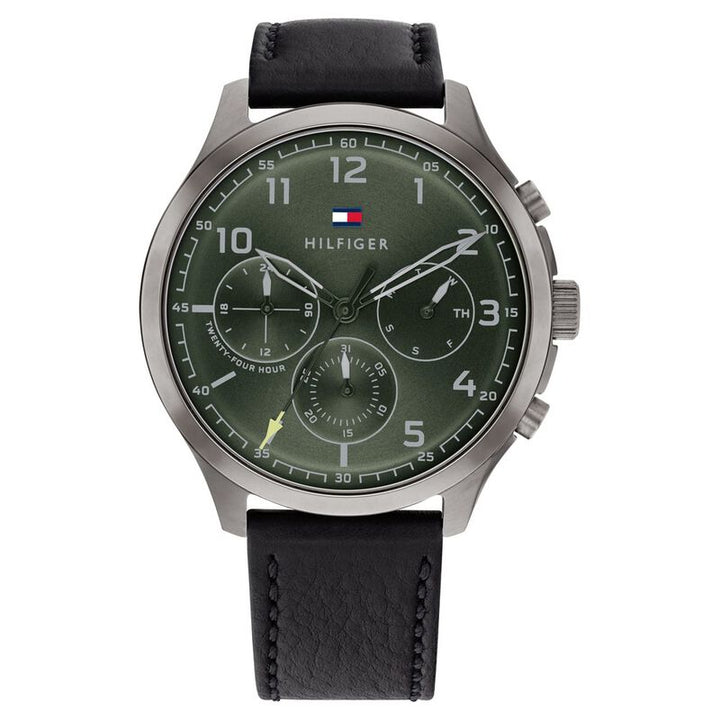 Tommy Hilfiger Quartz Multifunction Green Dial Leather Strap Watch For Men