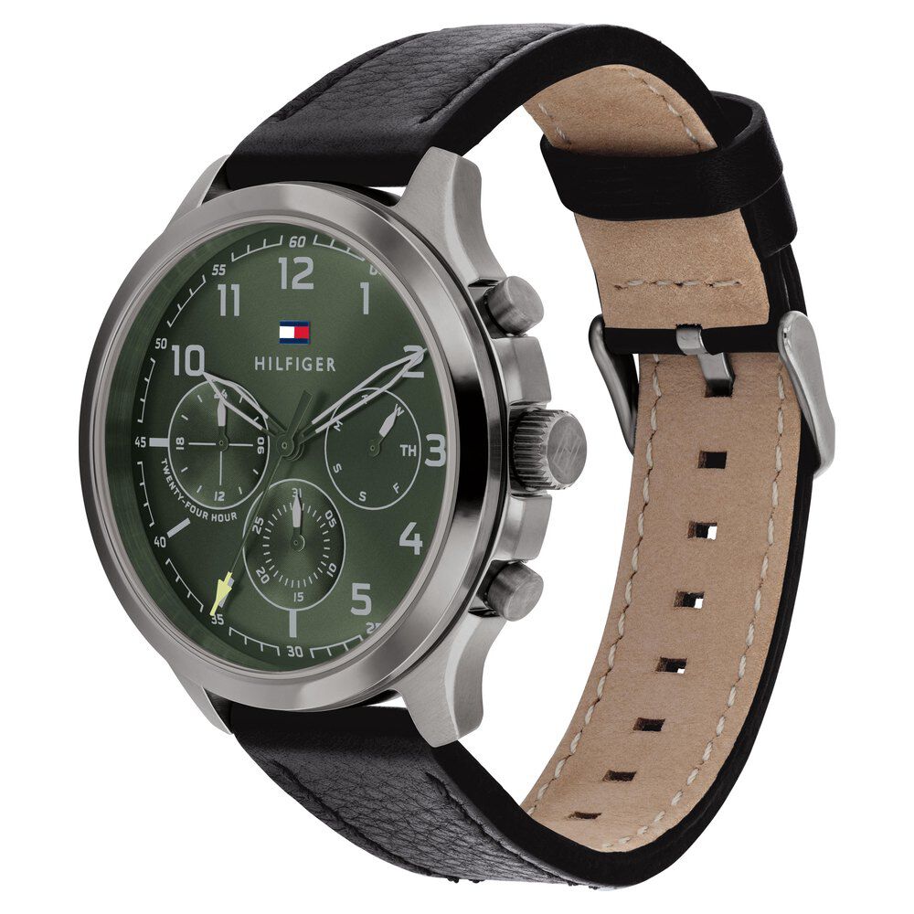 Tommy Hilfiger Quartz Multifunction Green Dial Leather Strap Watch For Men