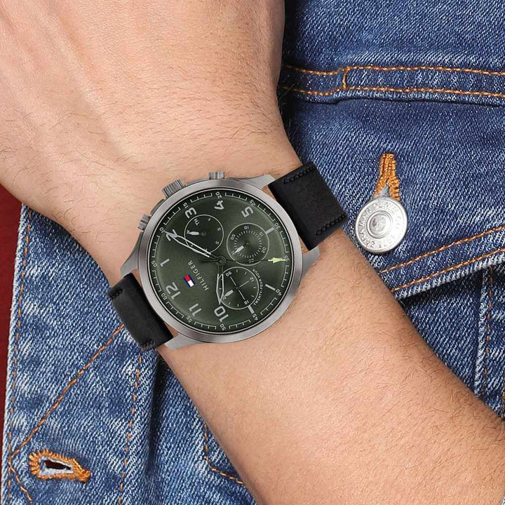 Tommy Hilfiger Quartz Multifunction Green Dial Leather Strap Watch For Men