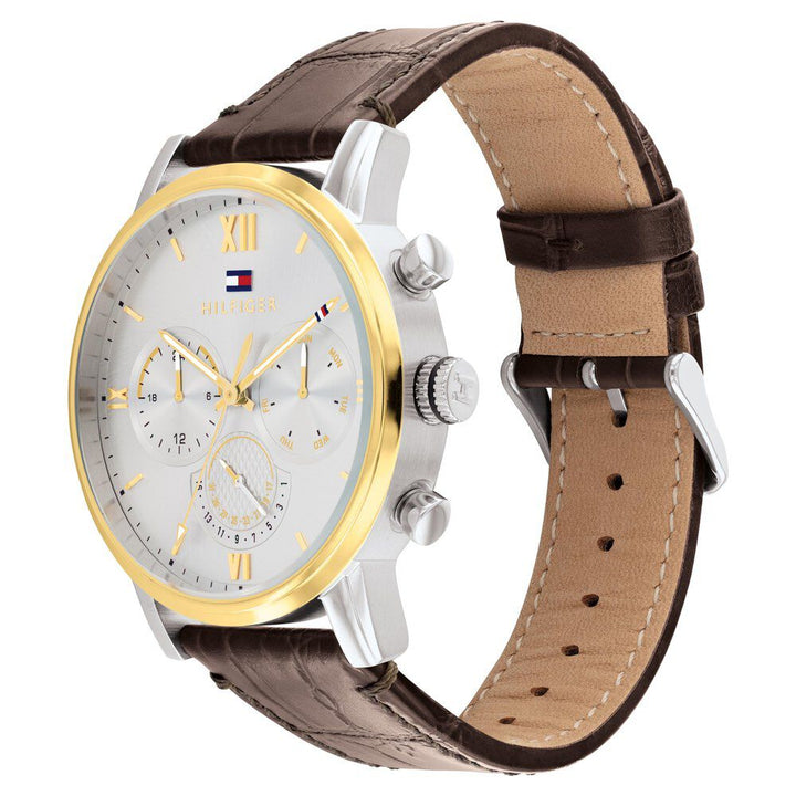 Tommy Hilfiger Multifunction Silver Round Dial Brown Leather Strap Watch For Men-NTTH1791884