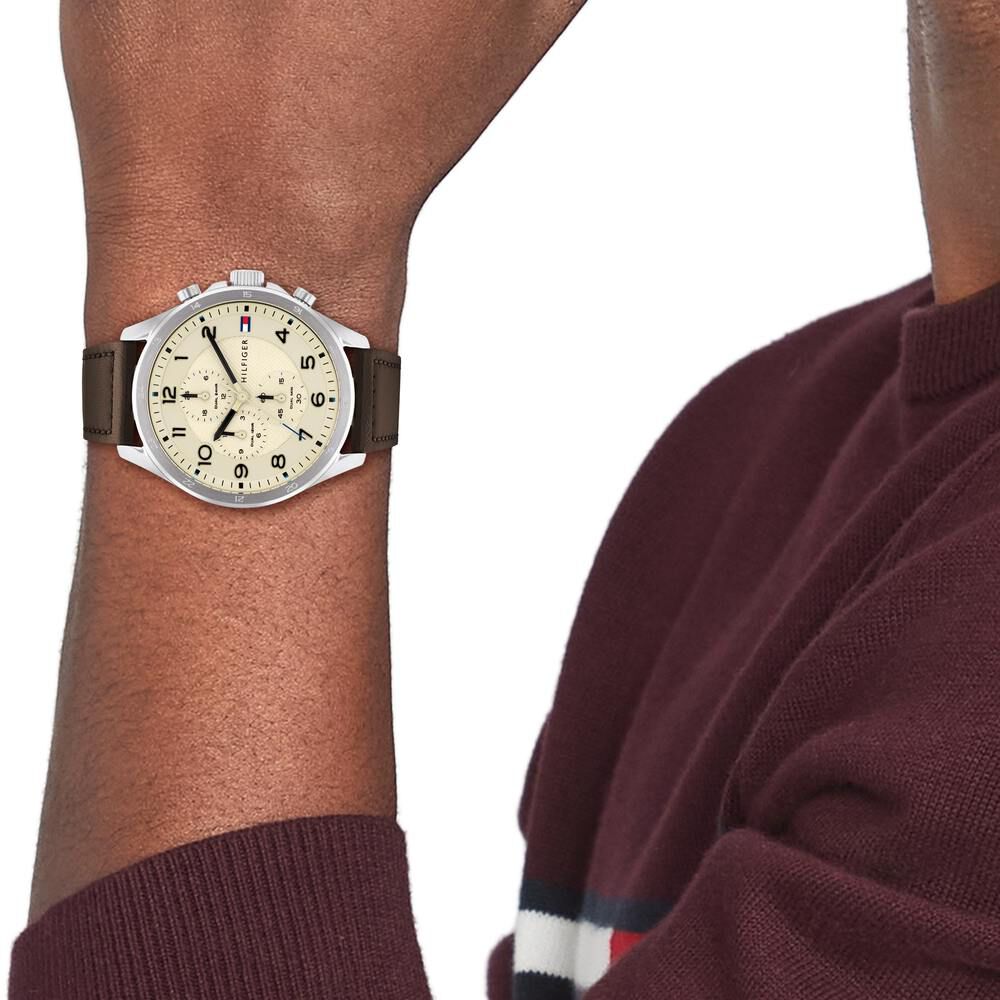 Tommy Hilfiger Quartz Multifunction Orange Dial Leather Strap Watch For Men