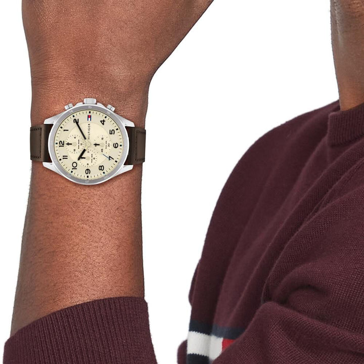 Tommy Hilfiger Quartz Multifunction Orange Dial Leather Strap Watch For Men