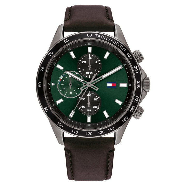 Tommy Hilfiger Quartz Multifunction Green Dial Leather Strap Watch for Men-TH1792017W