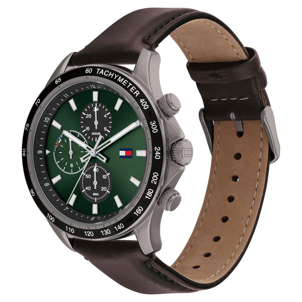 Tommy Hilfiger Quartz Multifunction Green Dial Leather Strap Watch for Men-TH1792017W