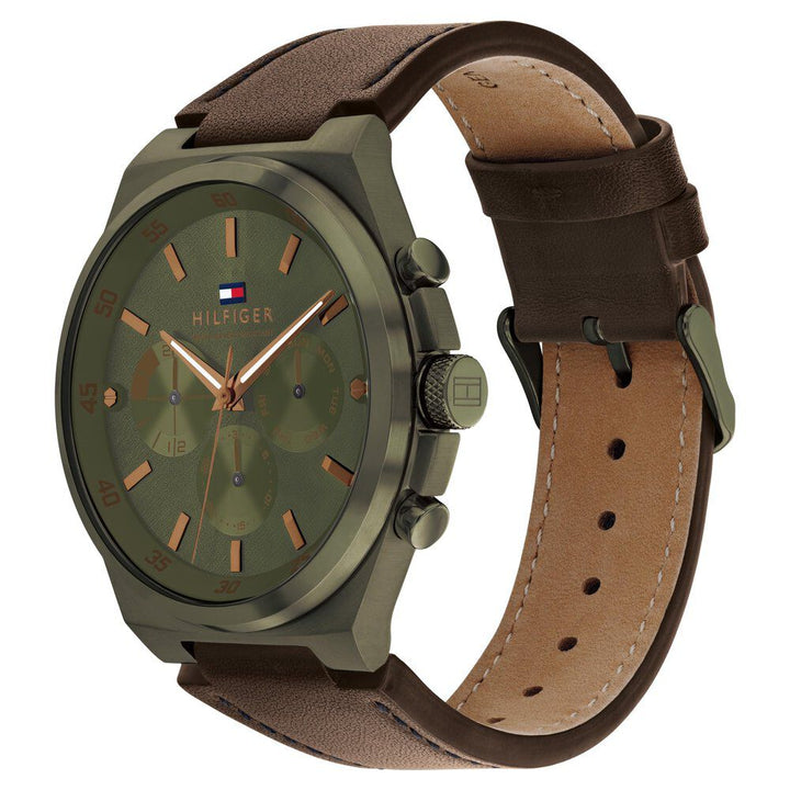 Tommy Hilfiger Multifunction Green Round Dial Brown Leather Strap Watch For Men-NTTH1792085