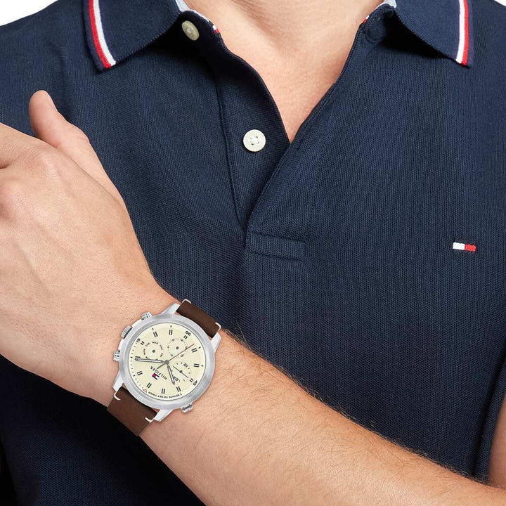 Tommy Hilfiger Quartz Multifunction Yellow Leather Strap For Men