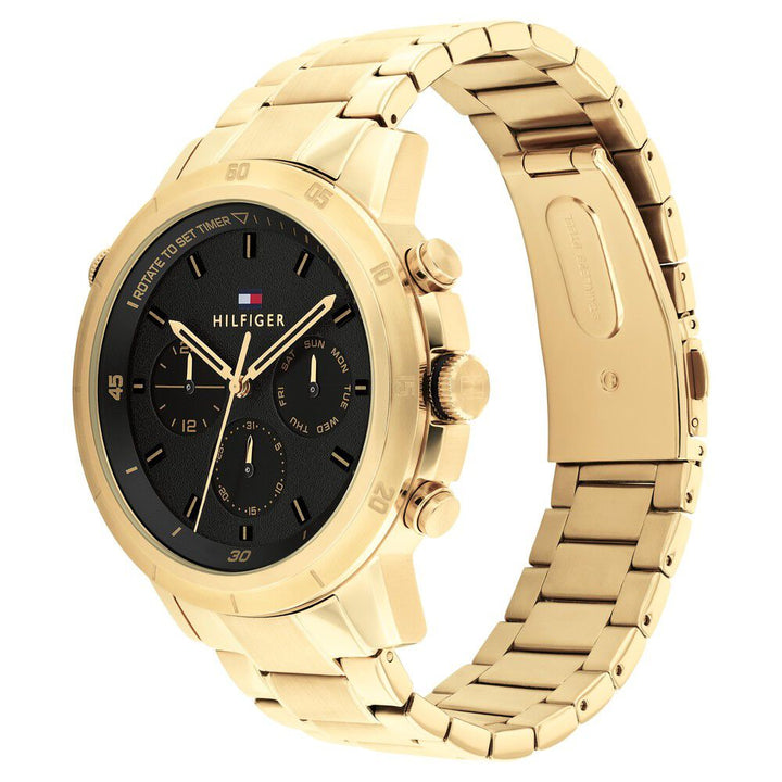 Tommy Hilfiger Multifunction Black Round Dial Golden Stainless Steel Strap Watch For Men-NTTH1792109
