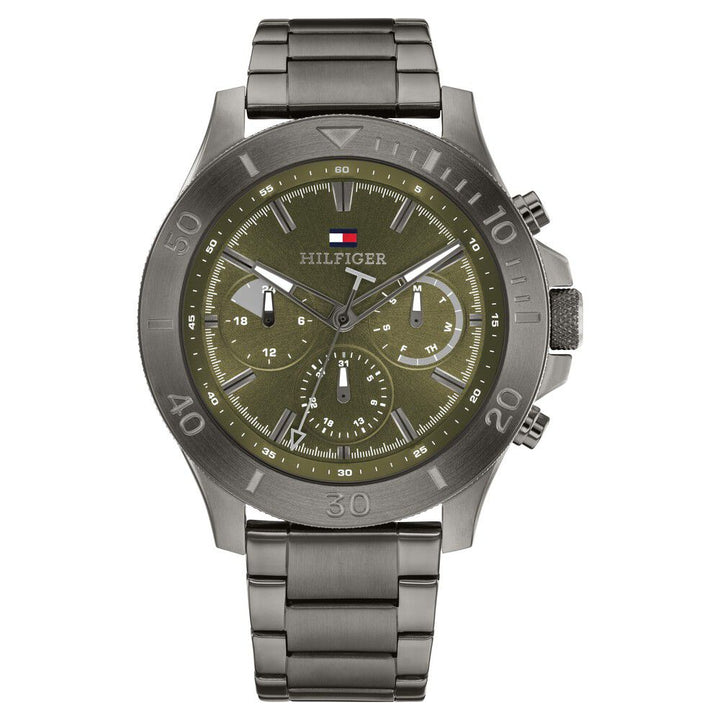 Tommy Hilfiger Quartz Multifunction Green Dial Grey Stainless Steel Strap Watch for Men-NTTH1792115