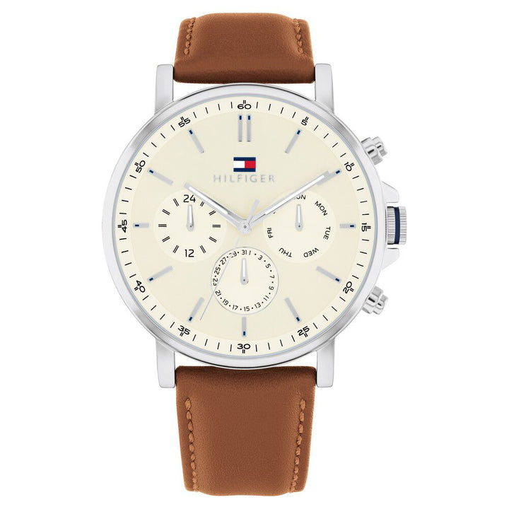 Tommy Hilfiger Quartz Multifunction Yellow Dial Brown Leather Strap Watch for Men-TH1792143W
