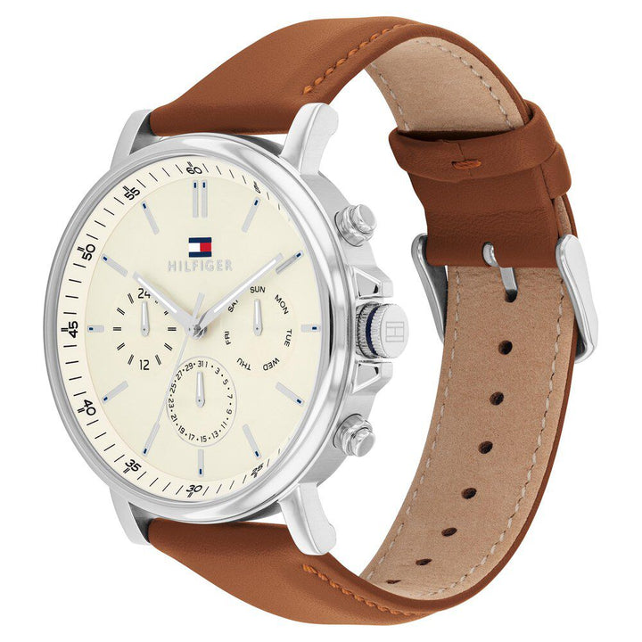 Tommy Hilfiger Quartz Multifunction Yellow Dial Brown Leather Strap Watch for Men-TH1792143W