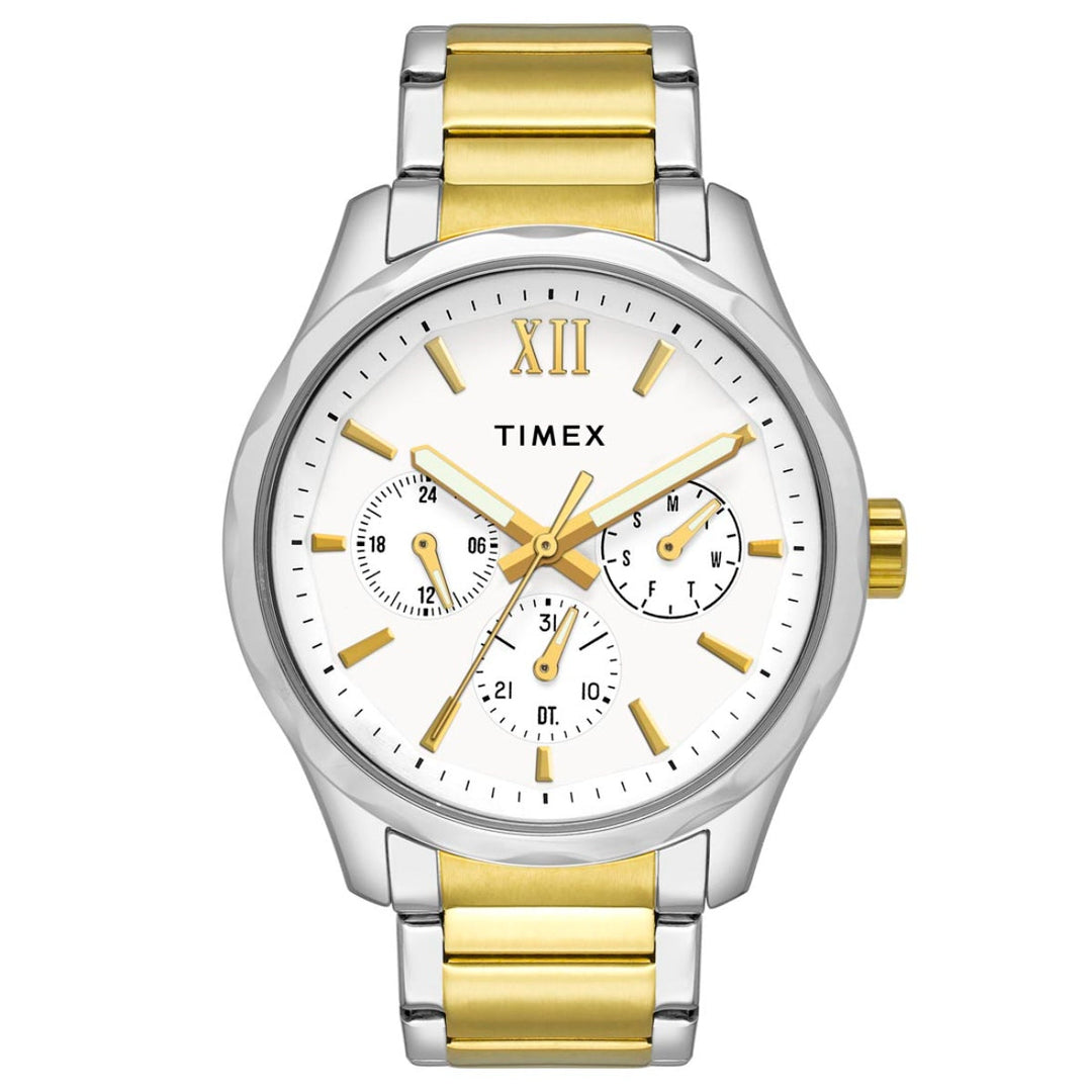 Timex Men Multifunction White Round Brass Dial Watch- TW0TG7616