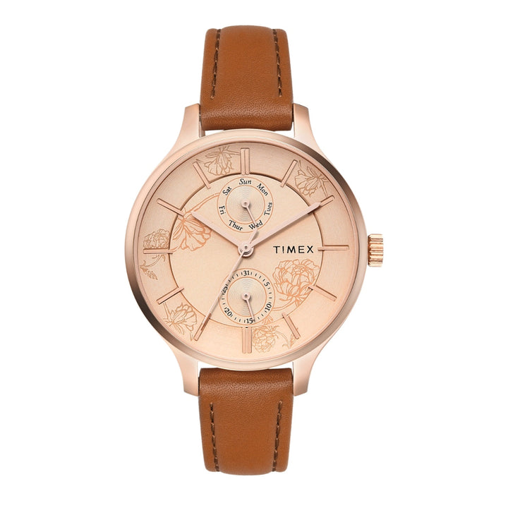 Timex Women Multifunction Rose Gold Round Brass Dial Watch- TWEL14823