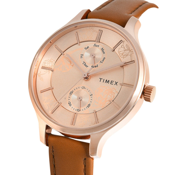 Timex Women Multifunction Rose Gold Round Brass Dial Watch- TWEL14823