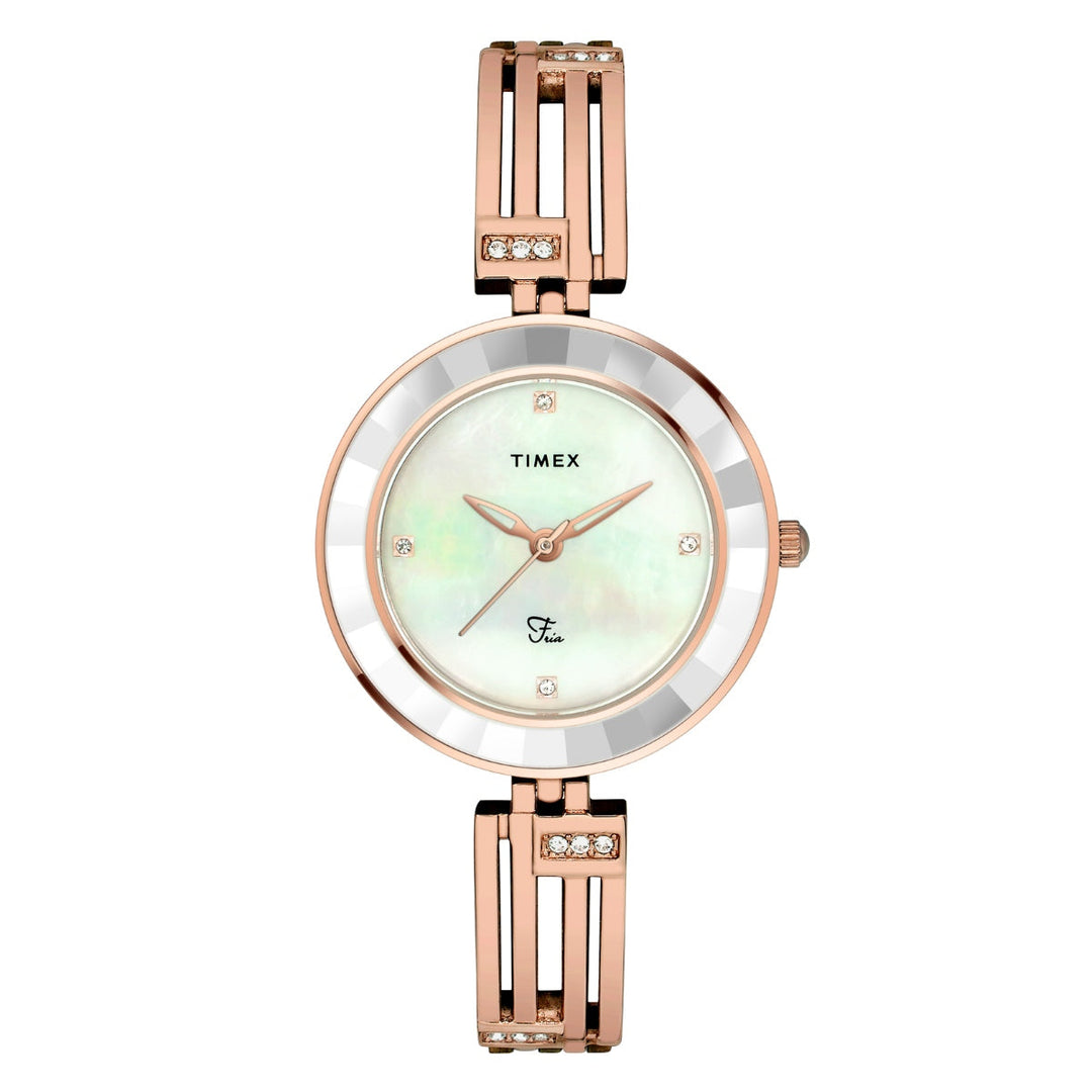 Timex Women Analog Off White Round Brass Dial Watch- TWEL16200