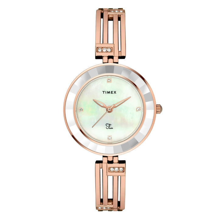 Timex Women Analog Off White Round Brass Dial Watch- TWEL16200