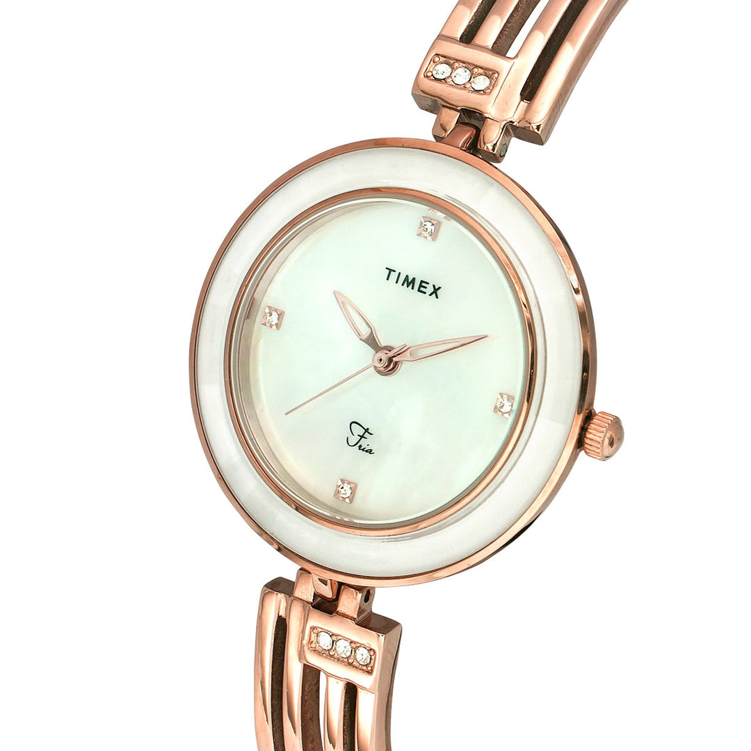 Timex Women Analog Off White Round Brass Dial Watch- TWEL16200