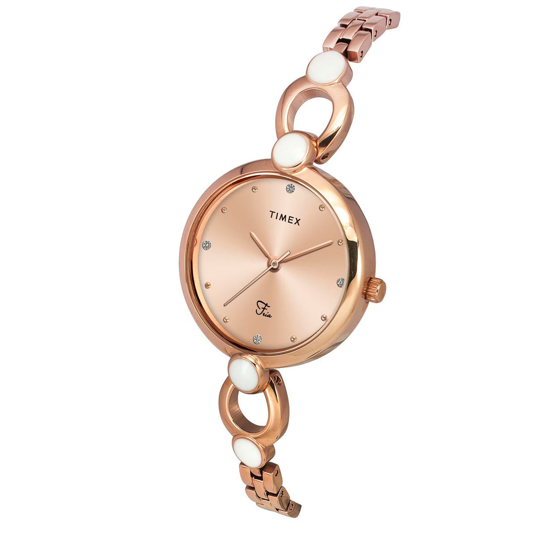 Timex Fria Women Rose Gold Dial Round Analog Brass Dial Watch- TWEL18103