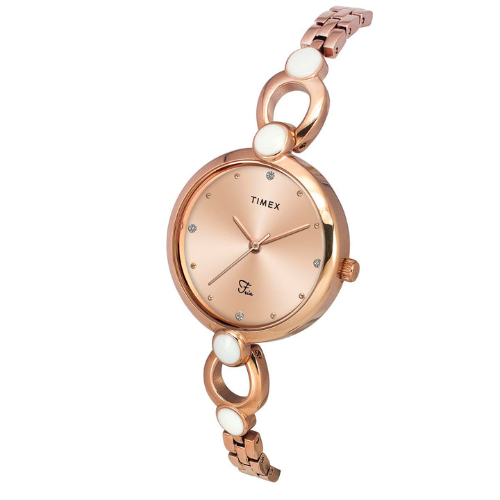 Timex Fria Women Rose Gold Dial Round Analog Brass Dial Watch- TWEL18103