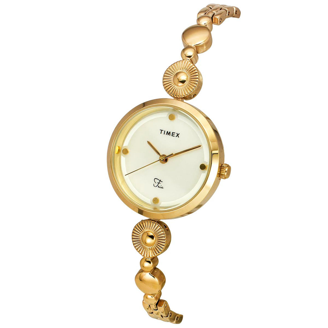 Timex Fria Women Off White Dial Round Analog Brass Dial Watch- TWEL18200