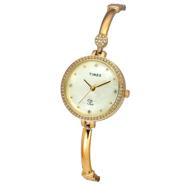 Timex Fria Women's Off White Dial Round Analog Brass Dial Watch- TWEL18401