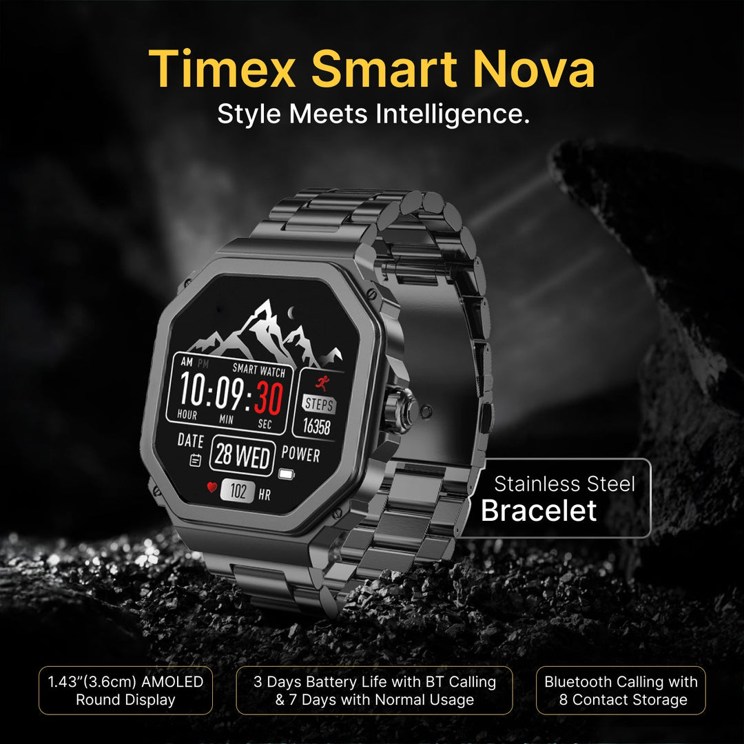 TIMEX Smart Nova 1.43"(3.6cm) AMOLED Display With Functional Crown, Stainless Steel Bracelet And BT Calling Smartwatch For Unisex - TWTXW1003T