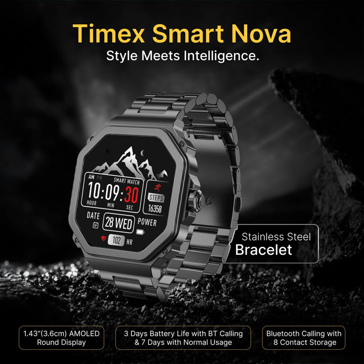 TIMEX Smart Nova 1.43"(3.6cm) AMOLED Display With Functional Crown, Stainless Steel Bracelet And BT Calling Smartwatch For Unisex - TWTXW1003T