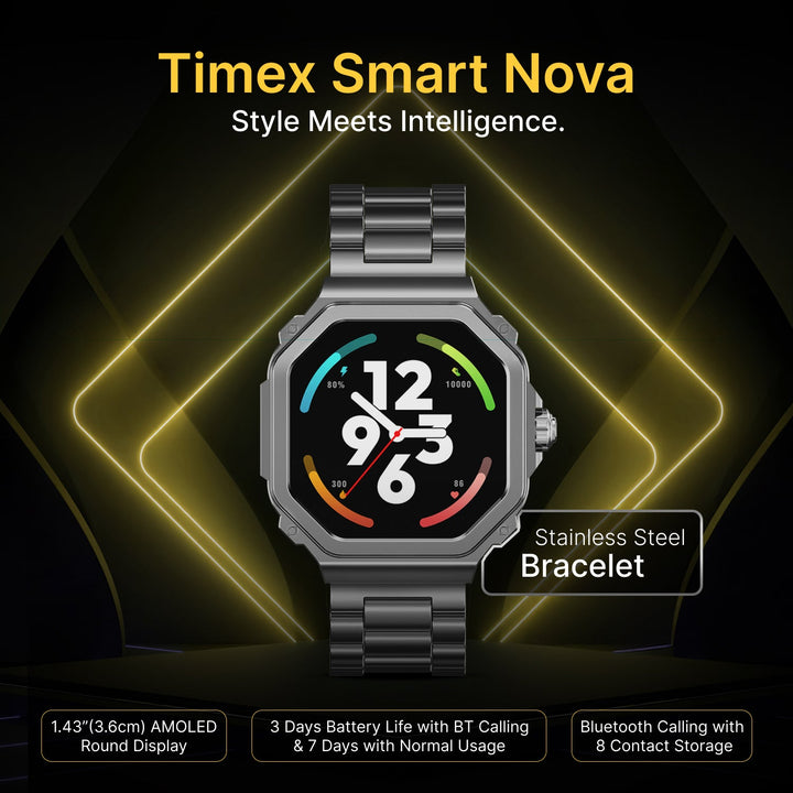 TIMEX Smart Nova 1.43"(3.6cm) AMOLED Display With Functional Crown, Stainless Steel Bracelet And BT Calling Smartwatch For Unisex - TWTXW1004T