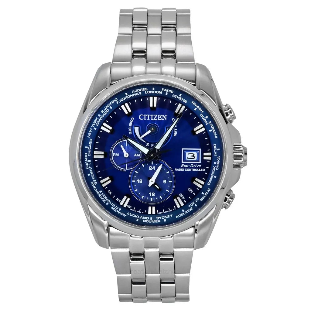 Citizen Eco-Drive Perpetual Calendar GMT Chronograph Stainless Steel Blue Dial Men&