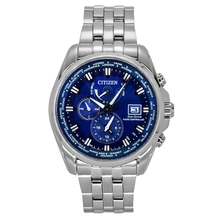 Citizen Eco-Drive Perpetual Calendar GMT Chronograph Stainless Steel Blue Dial Men&