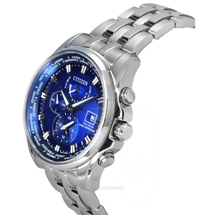 Citizen Eco-Drive Perpetual Calendar GMT Chronograph Stainless Steel Blue Dial Men&