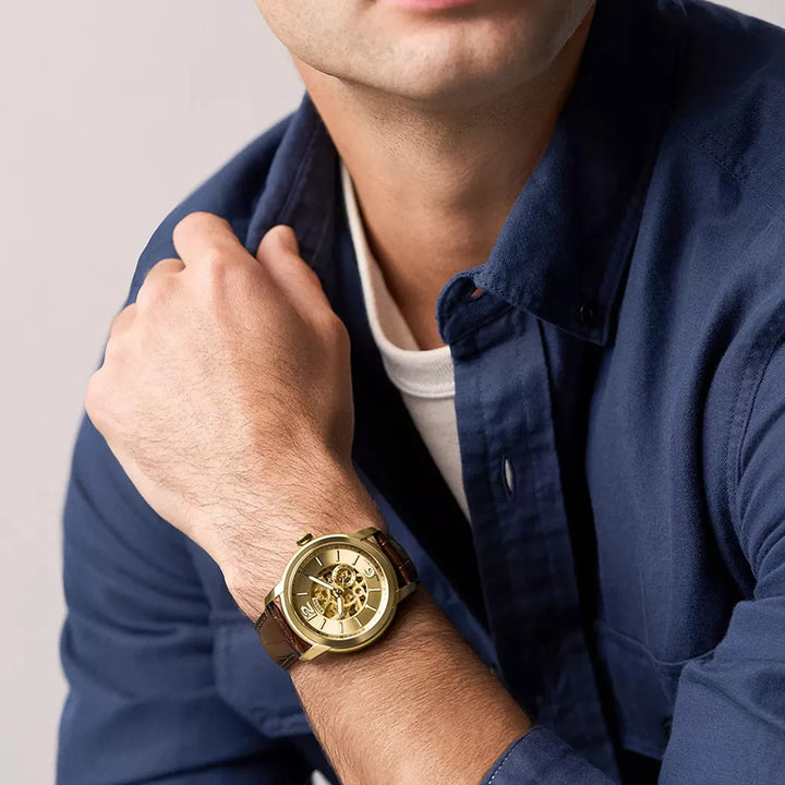Fossil Heritage ME3279 Automatic Gold Skeleton Dial Men&