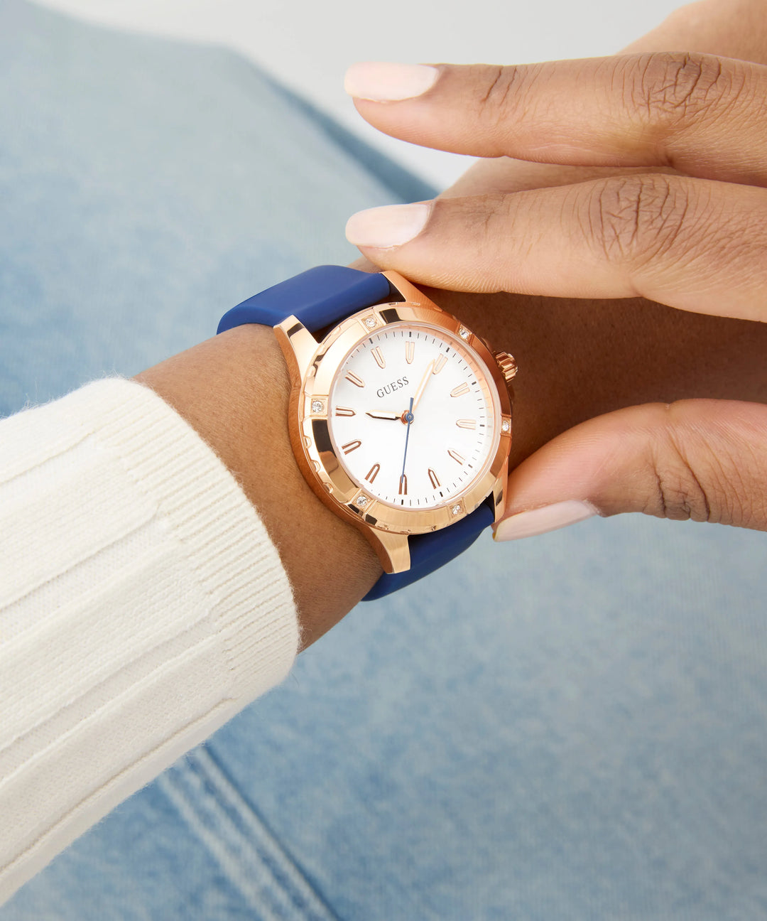 GUESS Blue Rose Gold Tone Analog Women&