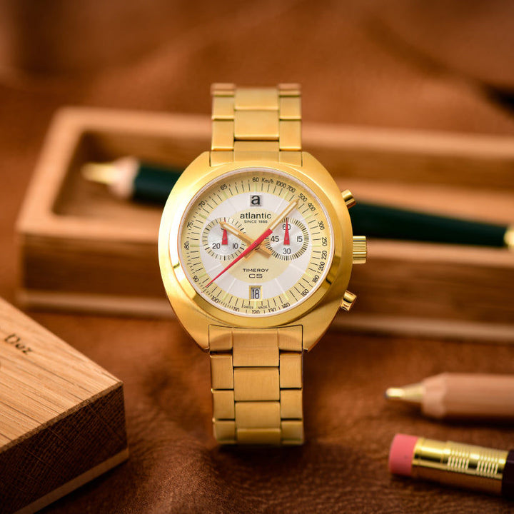 Atlantic Quartz Chronograph Gold Dial Stainless Steel Men&