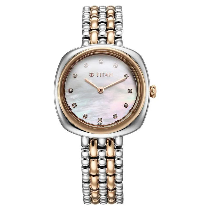 Titan Aura Quartz Analog White Mother Of Pearl Dial Two-Tone Stainless Steel Watch for Women nu95241km01