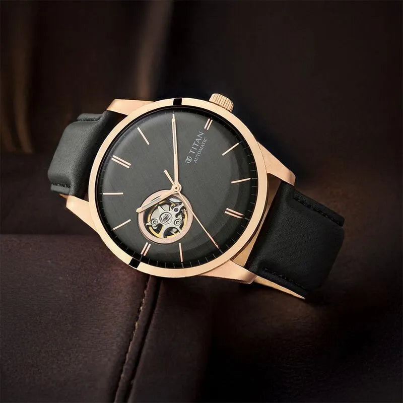 Titan Automatic Open Heart Black Dial Leather Strap Men&
