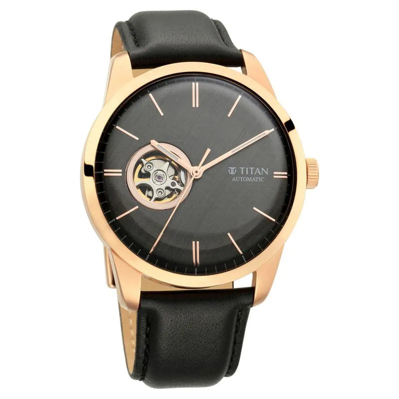 Titan Automatic Open Heart Black Dial Leather Strap Men&