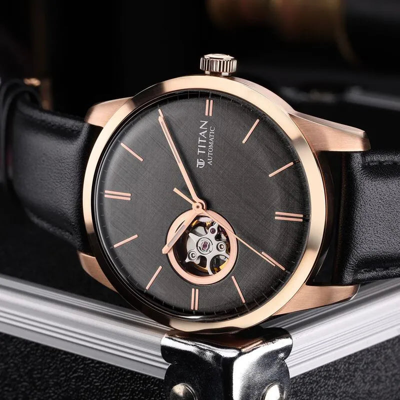 Titan Automatic Open Heart Black Dial Leather Strap Men&