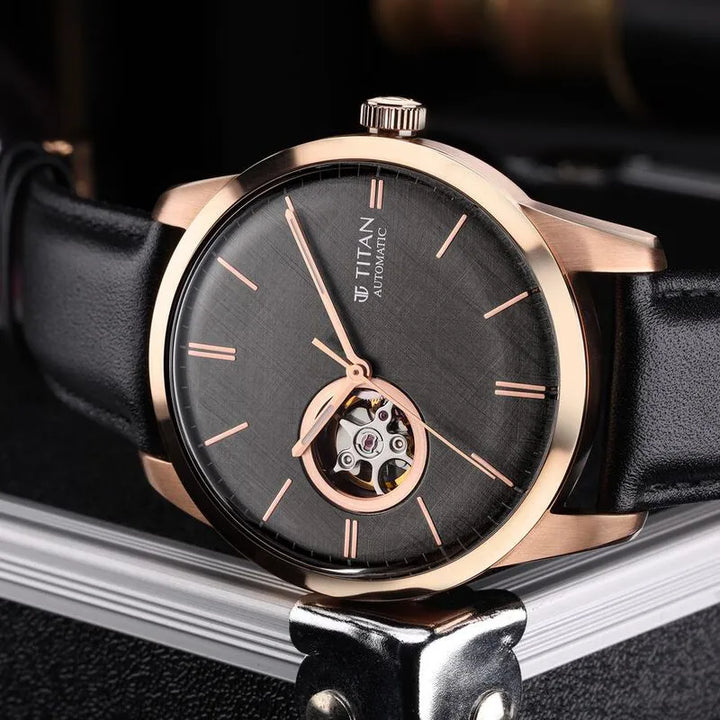 Titan Automatic Open Heart Black Dial Leather Strap Men&