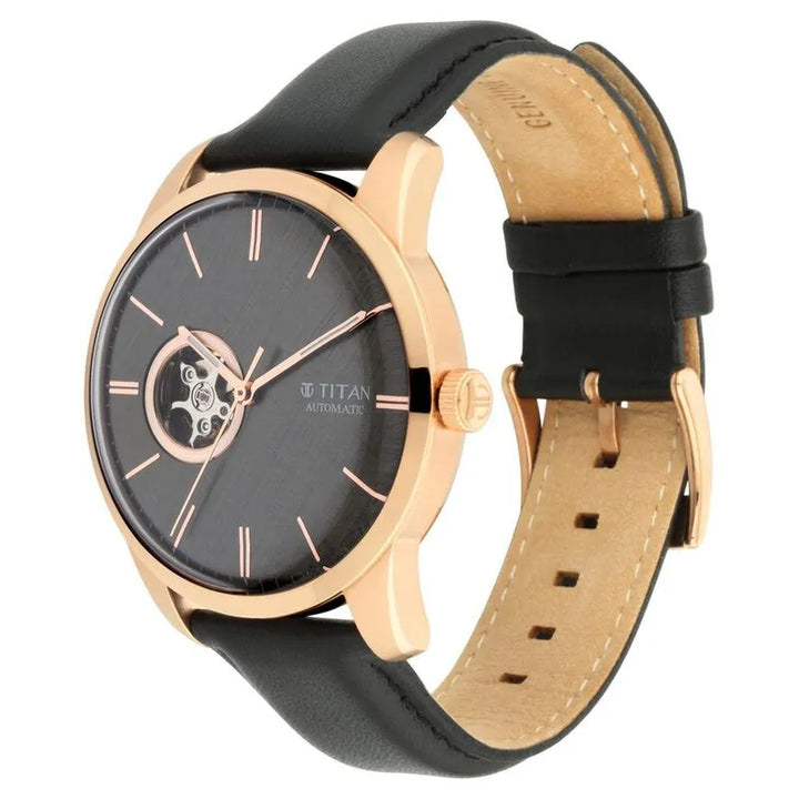 Titan Automatic Open Heart Black Dial Leather Strap Men&