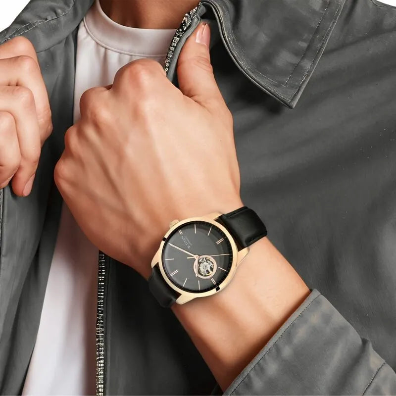 Titan Automatic Open Heart Black Dial Leather Strap Men&