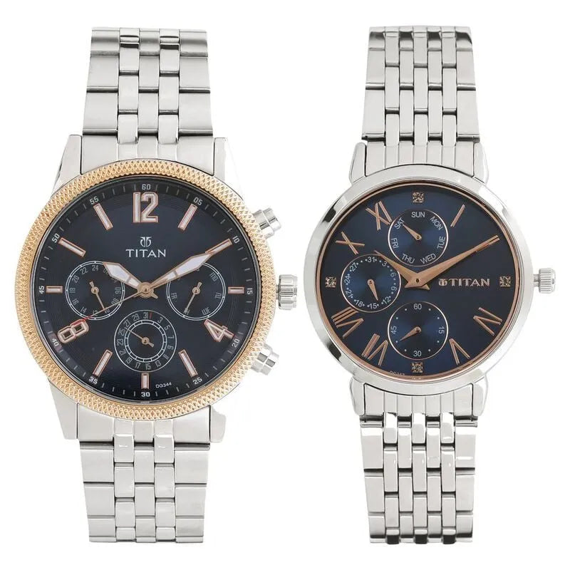 Titan Bandhan Blue Dial Quartz Multifunction Stainless Steel Couple Watch