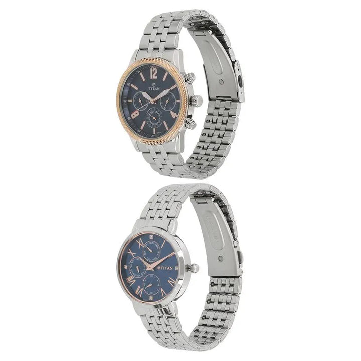 Titan Bandhan Blue Dial Quartz Multifunction Stainless Steel Couple Watch