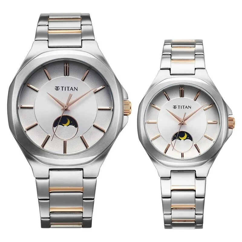 Titan Bandhan Quartz Analog Sun-Moon Silver Dial Couple Watch nu9400994209km01