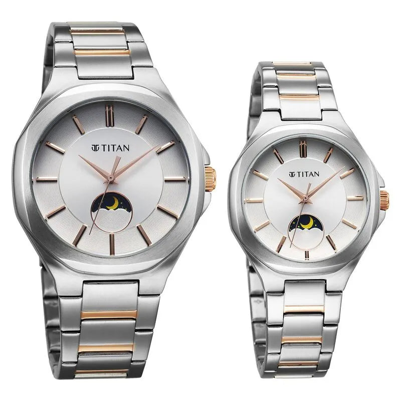 Titan Bandhan Quartz Analog Sun-Moon Silver Dial Couple Watch nu9400994209km01