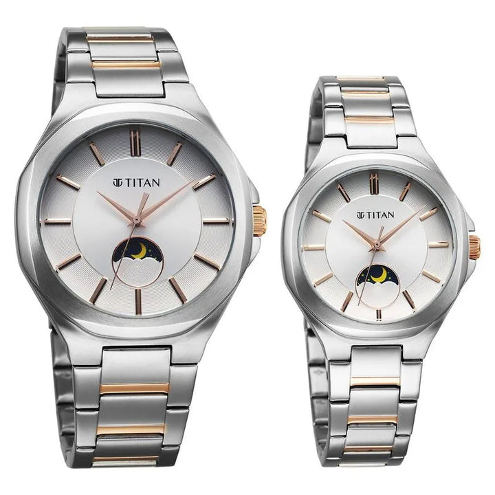 Titan Bandhan Quartz Analog Sun-Moon Silver Dial Couple Watch nu9400994209km01