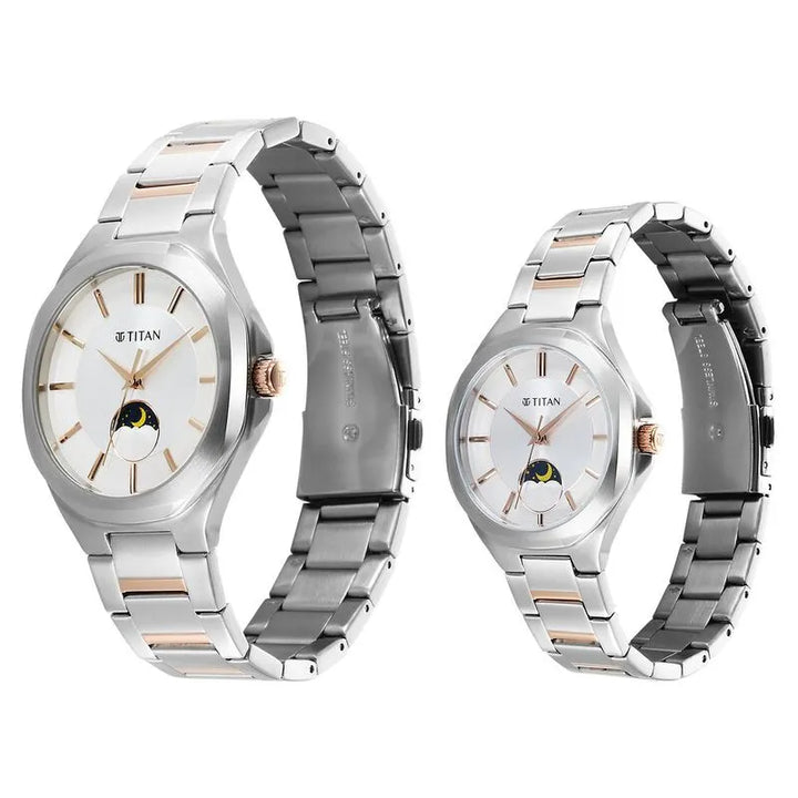 Titan Bandhan Quartz Analog Sun-Moon Silver Dial Couple Watch nu9400994209km01