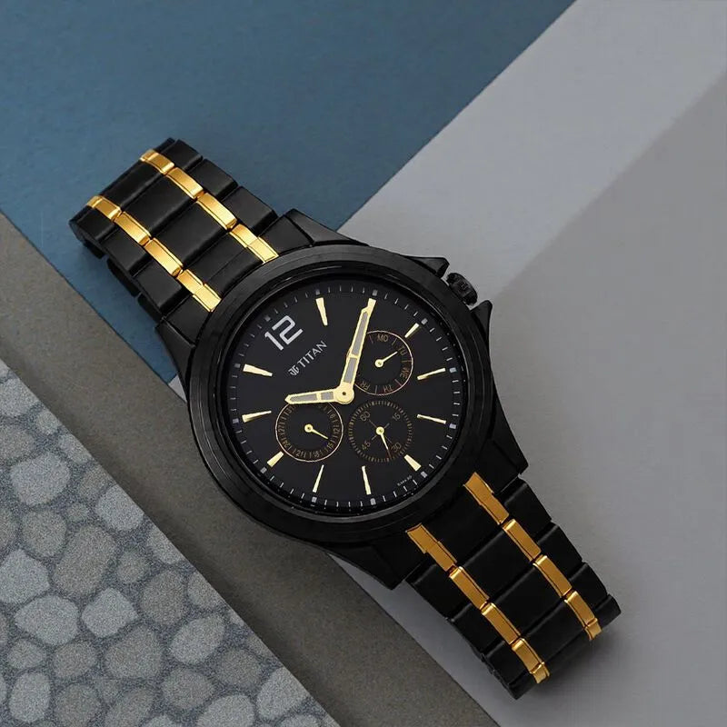 Titan Black &amp; Gold 1698KM02 Black Dial Multifunction Men&