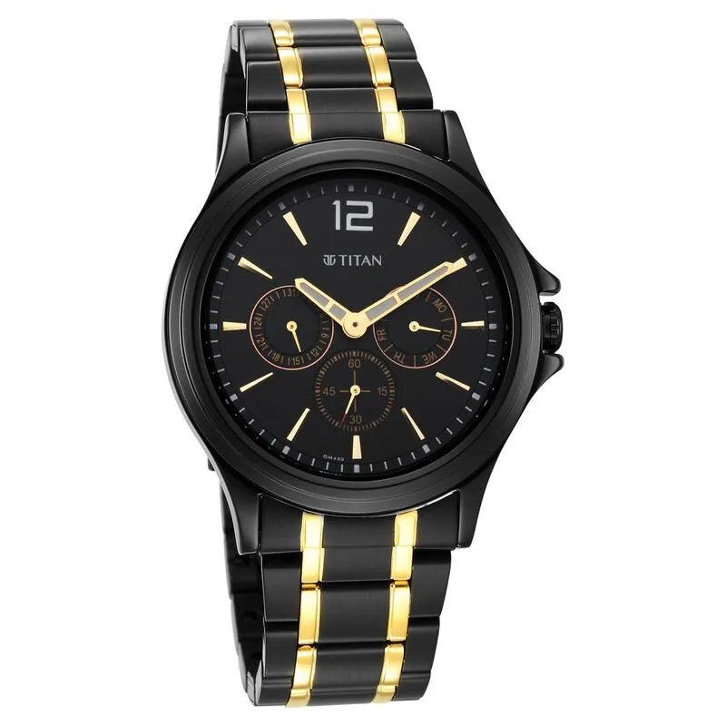Titan Black &amp; Gold 1698KM02 Black Dial Multifunction Men&
