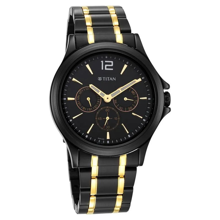 Titan Black &amp; Gold 1698KM02 Black Dial Multifunction Men&